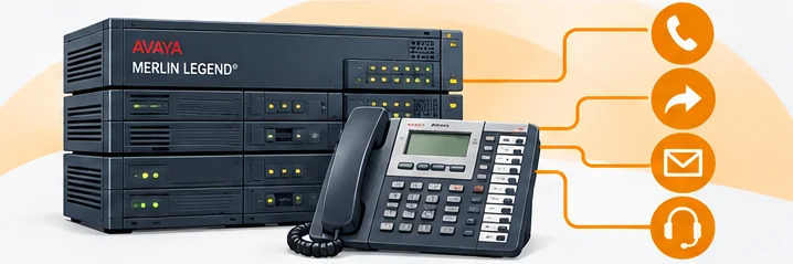 Avaya Merlin Legend cabinets with a desk phone