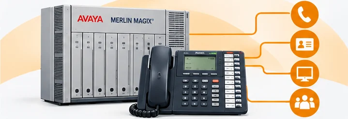 Avaya Merlin Magix cabinet with a desk phone