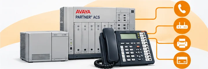 Avaya Partner ACS cabinet with a desk phone