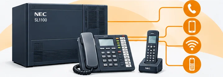 NEC SL1100 unit with a desk phone and wireless handset