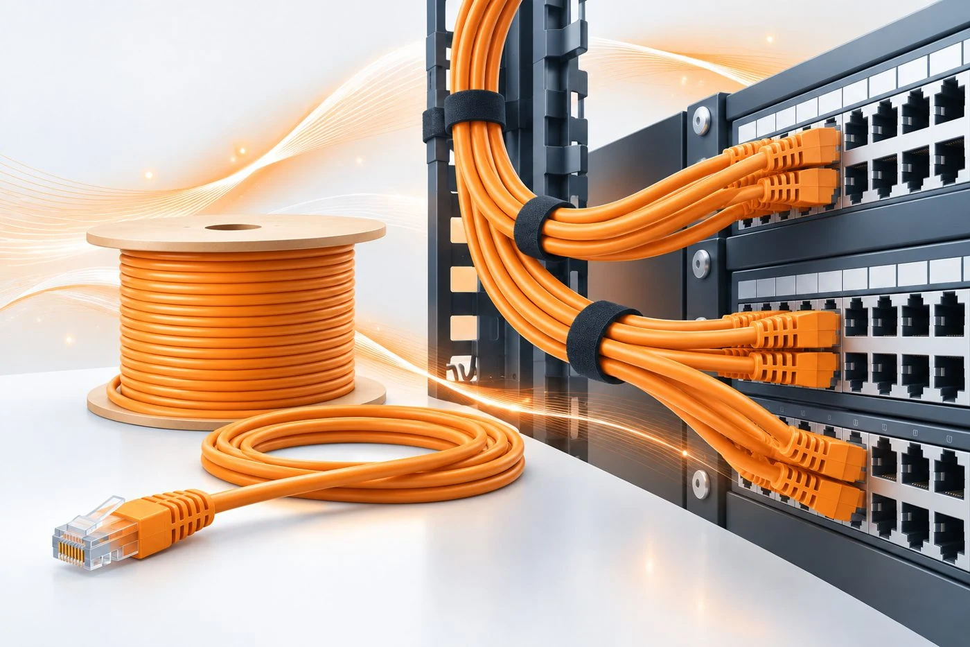 Orange Cat6 network cabling, patch cords, and a fiber patch panel rack